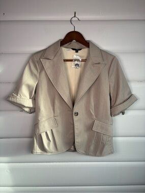Zinc Beige Short Sleeve Blazer Jacket Size L Pleated Pockets Y2K